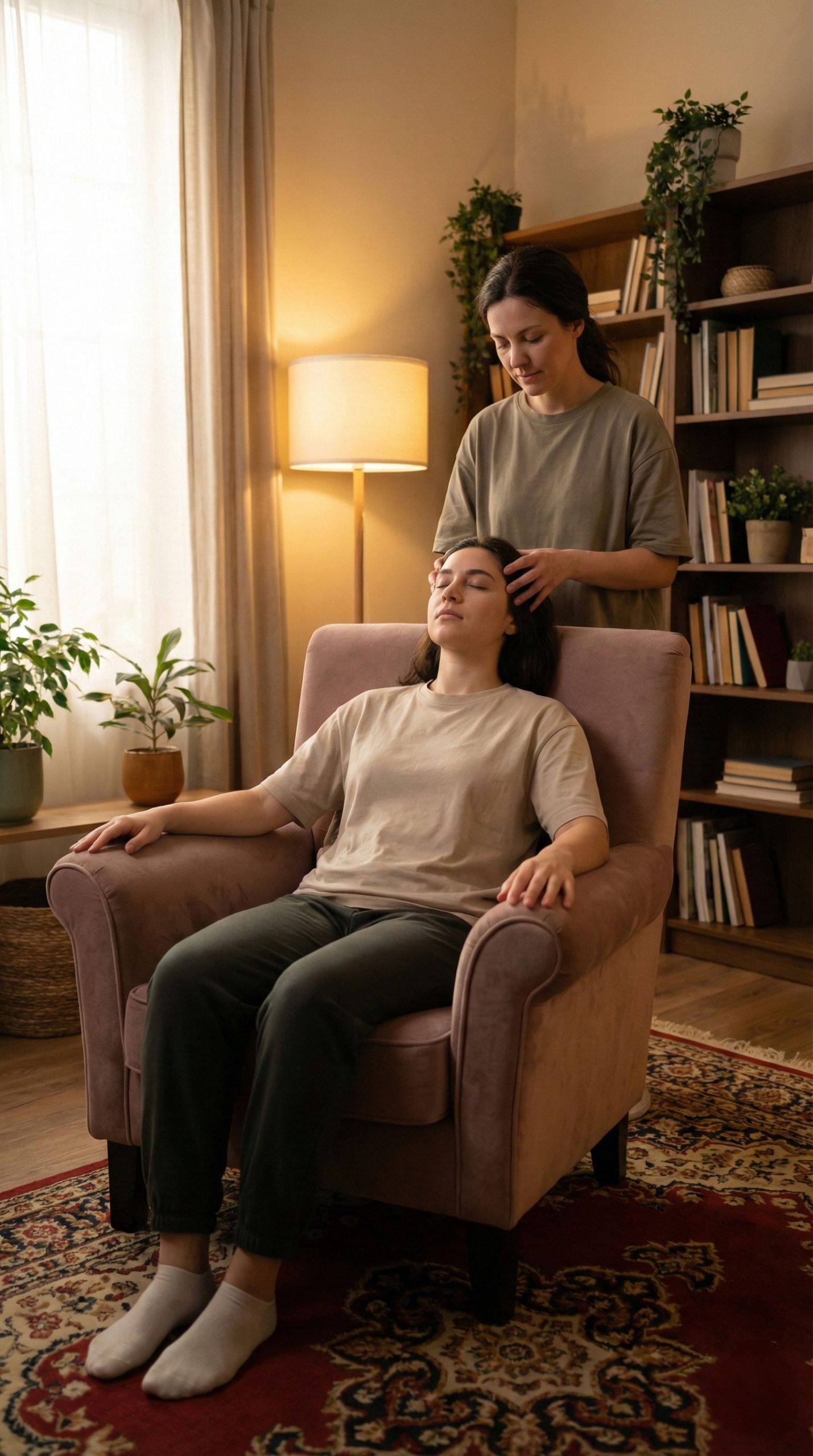 indian head massage being performed at home